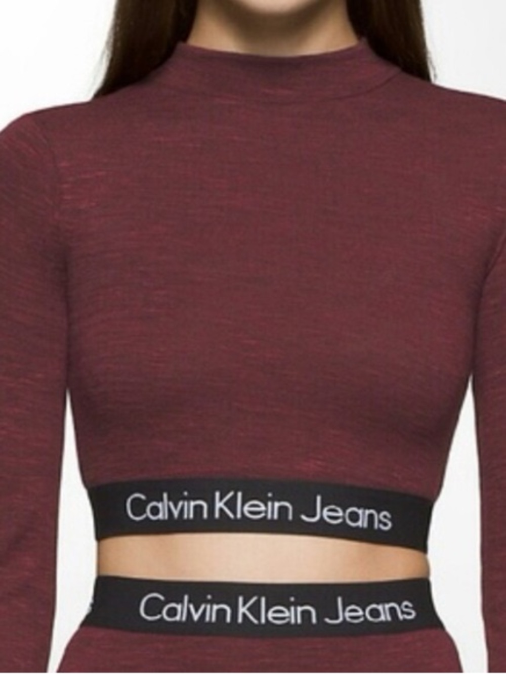 Calvin Klein Jeans Burgundy Long Sleeve Crop Top with Branded Elastic Hem